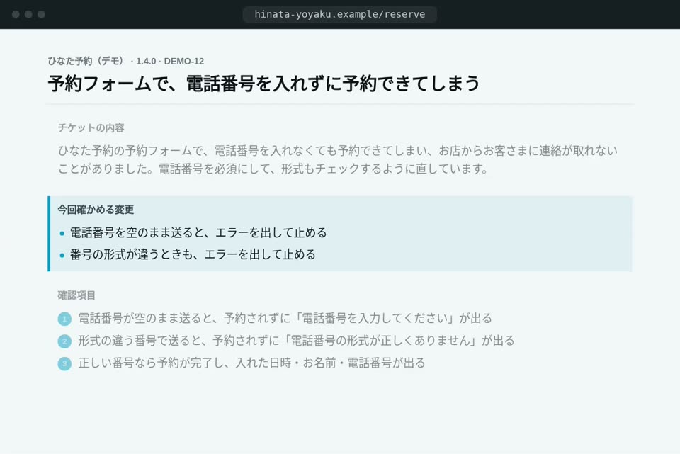 説明のページ。チケットの内容、今回確かめる変更、確認項目が並ぶ